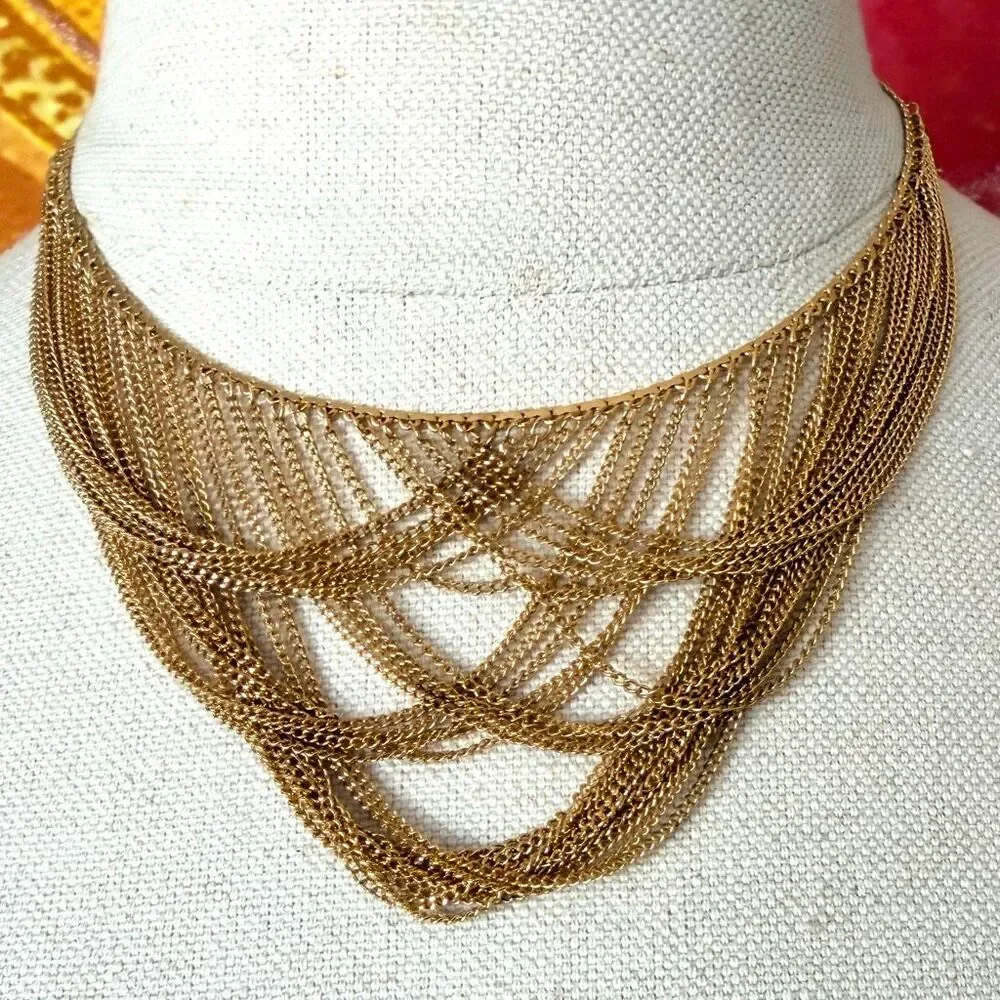 Vintage Gold Tone Multi Strand Draped Chain Statement Necklace